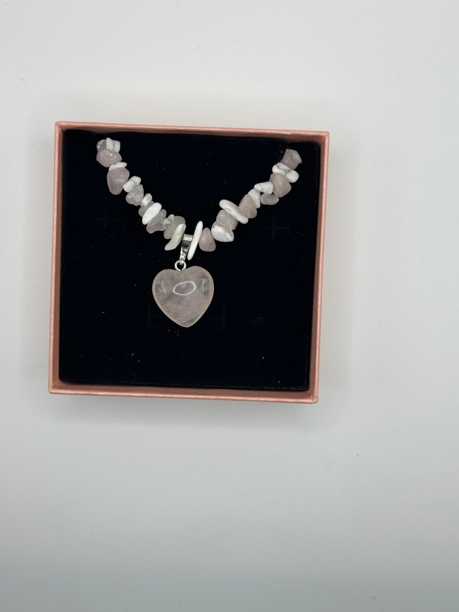 Rose Quartz and Howlite Necklace with Heart Shaped Rose Quartz Pendant - Herbal RocksRose Quartz and Howlite Necklace with Heart Shaped Rose Quartz PendantNecklaceHerbal RocksHerbal RocksRose Quartz and Howlite Necklace with Heart Shaped Rose Quartz Pendant